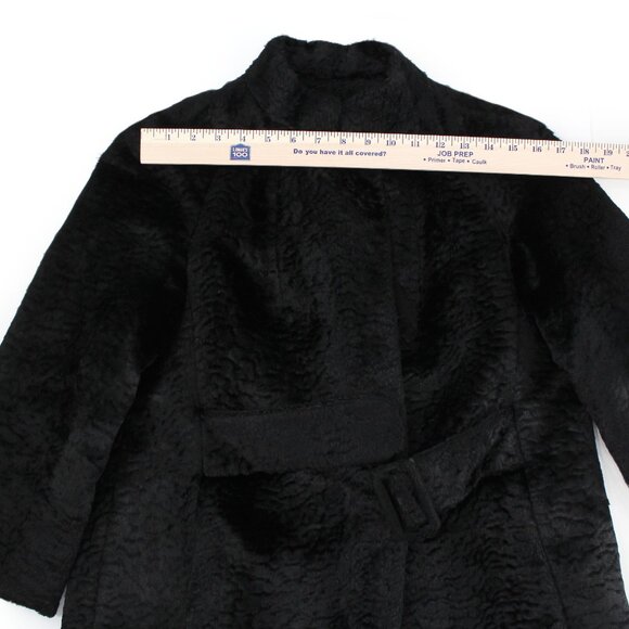 VTG 50s 60s Faux Fur Jacket Black Belted Satin Lined Stand Collar Swing Coat M - Picture 10 of 16